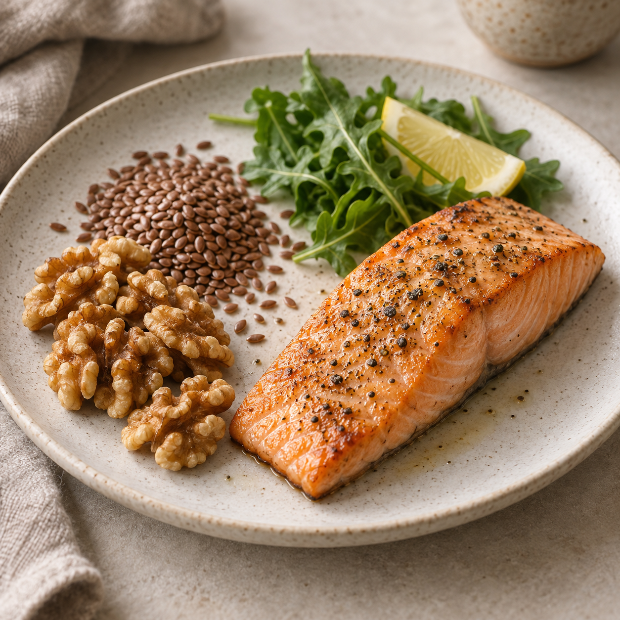 Lachs, Walnüsse und Leinsamen